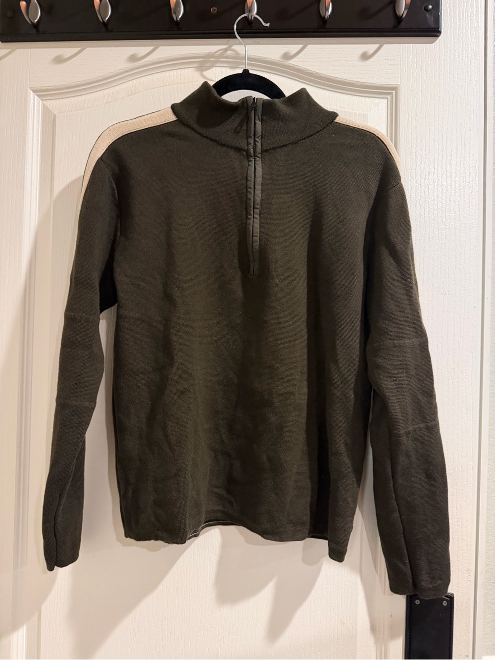 Banana Republic Olive Zip-Up Sweater with Beige Shoulder Stripe